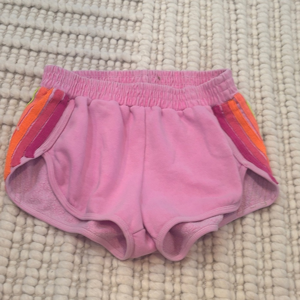 Pink Athletic Shorts with Rainbow Stripes